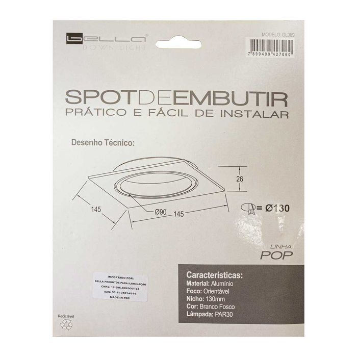 Spot Embutir Quadrado Rente Pop E27 P/ Par30 DL069 St1832