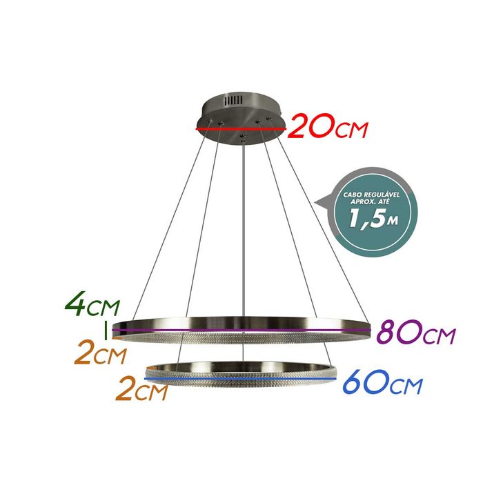 Lustre Pendente Bella Oca 2 Aneis 80 e 60cm 74W GD003NK ST1878