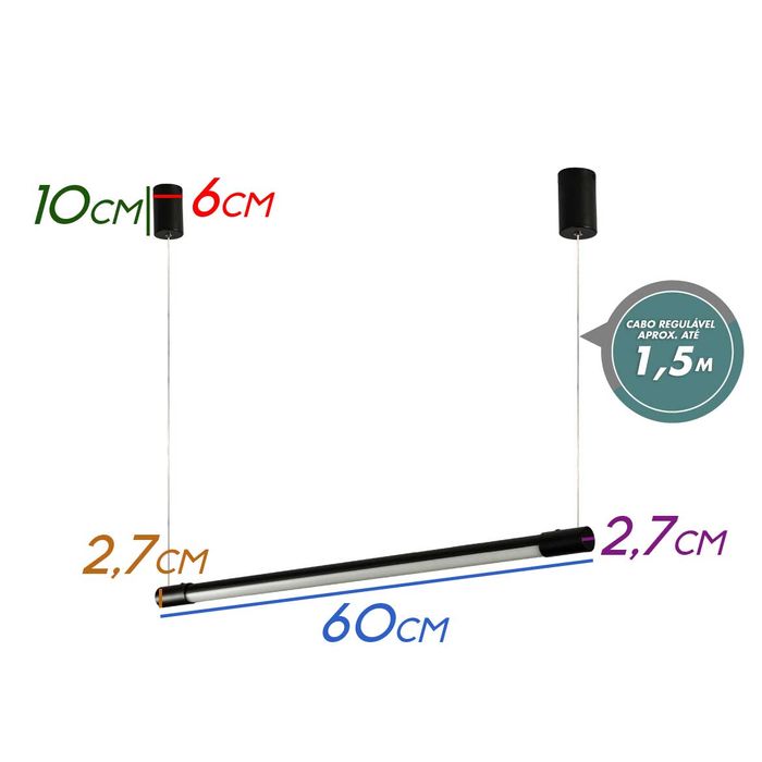 Pendente Tec LED 12W 3000k Preto 60cm GD012SB Bella ST2446