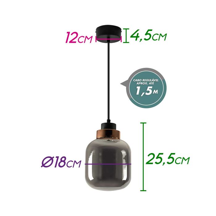 Pendente Fog Rose Gold e Fume 10W 3000k HC017 Bella ST2495