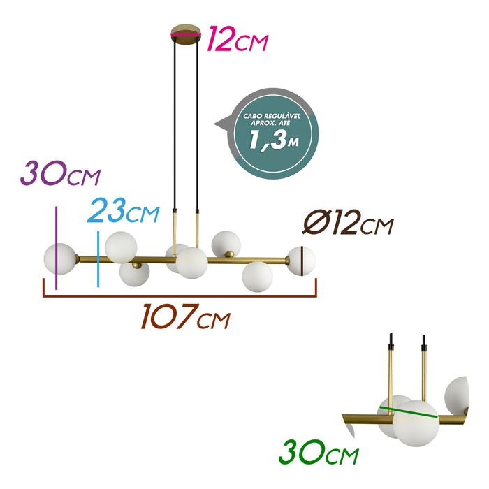 Pendente Abaporu Dourado com 8 Cúpulas Globo Vidro p/ G9 HL004W Bella ST1863