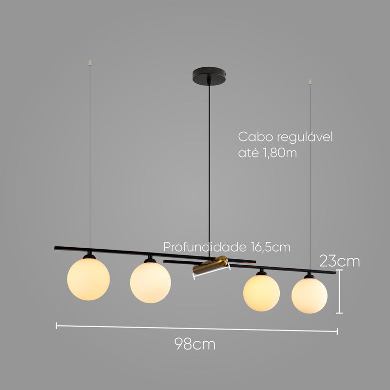 Pendente Bambu Preto e Dourado HL017LW 98cm Globos Vidro P/ G9 Bella ST2708