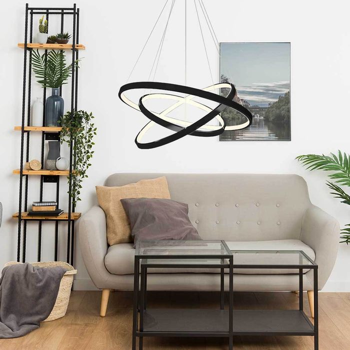 Lustre Pendente Anel LED 89W 3 Arcos 60cm QPD1303-PT St517 - Preto-Quality-Starlumen