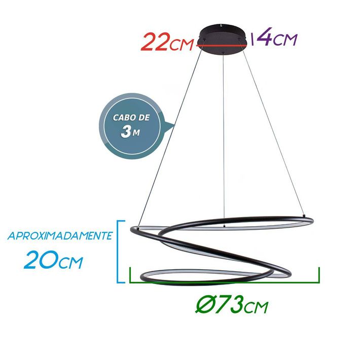 Lustre Pendente Espiral Preto Led 88w 3m Pe Direito Duplo 34317 St1989-Opus-Starlumen