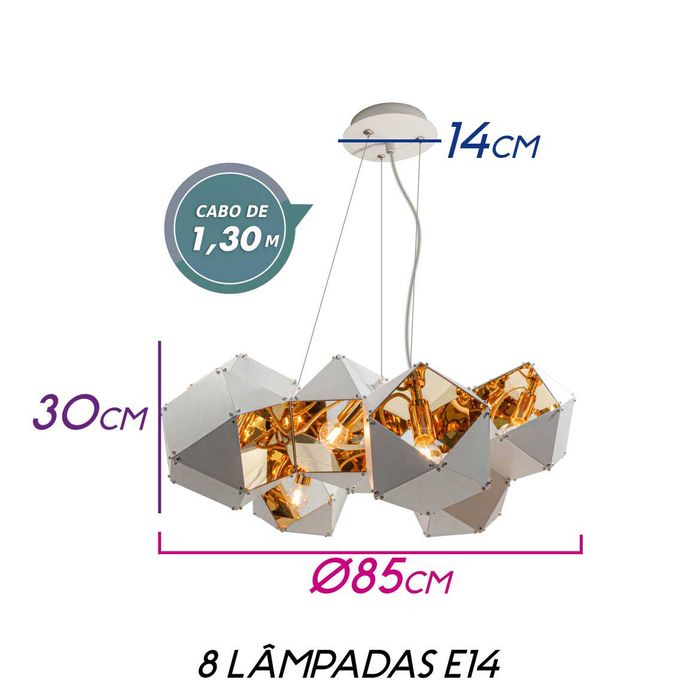 Pendente Starlux Branco E Ouro P/ 8 Lâmpadas E14 P60603L St1846