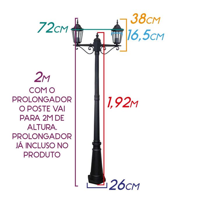 Poste Jardim Colonial 2 Cúpulas Alumínio Vidro P/ E27 PC204/2 St1473