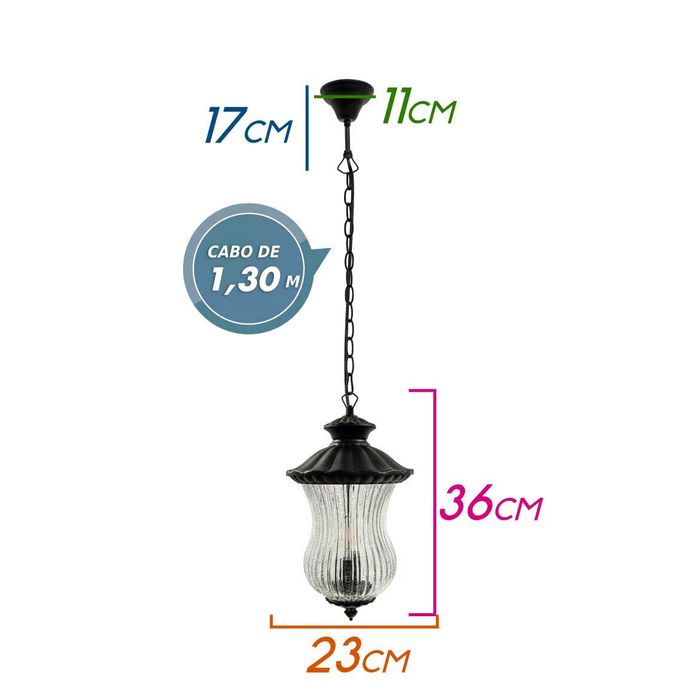 Pendente Colonial Preto Metal Vidro Canelado PD8173-2WL-BK St1754