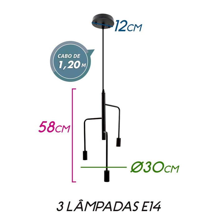 Pendente Analu Metal Preto P/ 3 Lampadas E14 ZR023-BK St1738