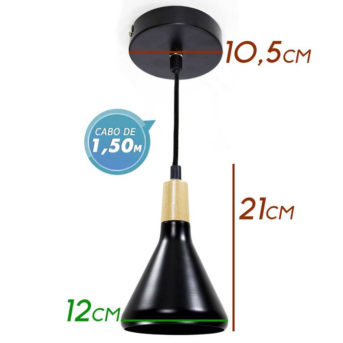 Pendente Cone Metal e Madeira para Balcão Cozinha Americana QPD1063-PT St451