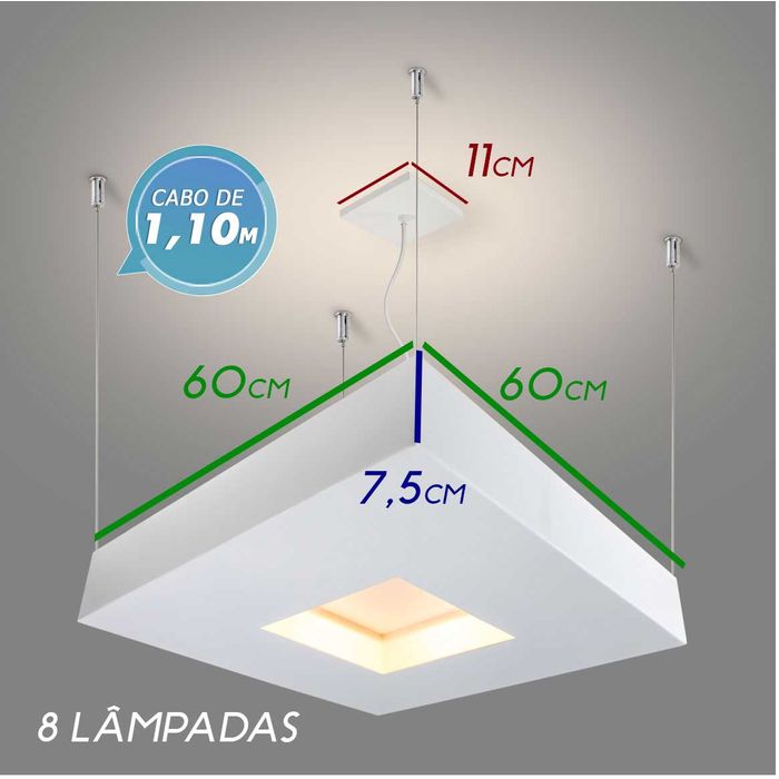 Pendente Lustre Luz Direta E Indireta 60cm para 8 lâmpadas E27 4801/60-BT St4801/60