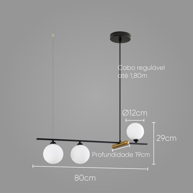 Pendente Bambu Preto e Dourado Globo Vidro P/ 3x LED G9 HL017SW Bella ST2707-Bella Iluminação-Starlumen