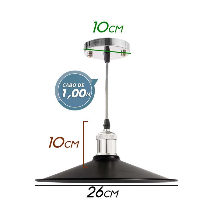 Pendente Chapéu Chinês Metal Cúpula Preta 26cm E27 St1375-Cromado