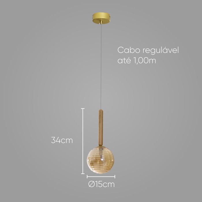 Pendente Eloa Madeira Ouro e Âmbar Globo Vidro ZR136-AB Starlux ST2603