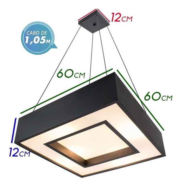 Pendente Quadrado Preto 60x60cm para 8 lâmpadas E27 St4541/62-PT-Starlumen-