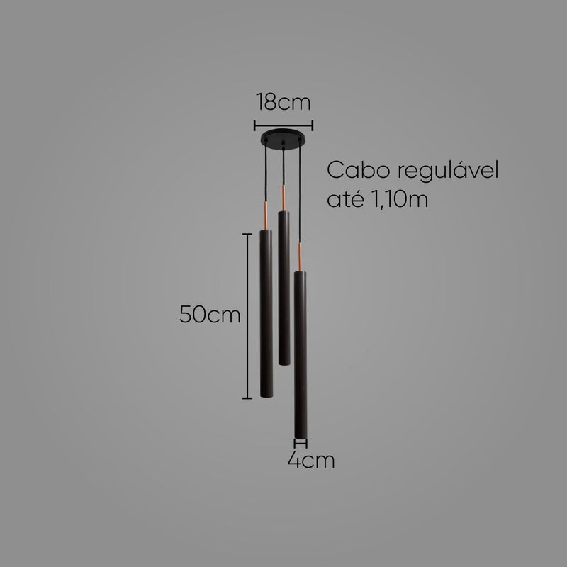Pendente Tubo Triplo Alumínio P/ Lâmpada Mr11 Gu10 St1699 - Preto-Starlumen-