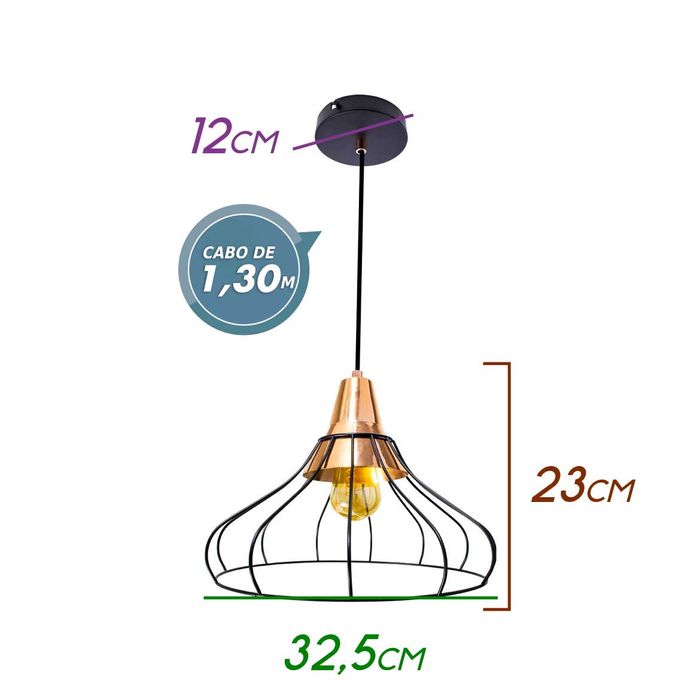 Pendente Vou Aramado Metal Bella Iluminação Preto com Cobre FO010E