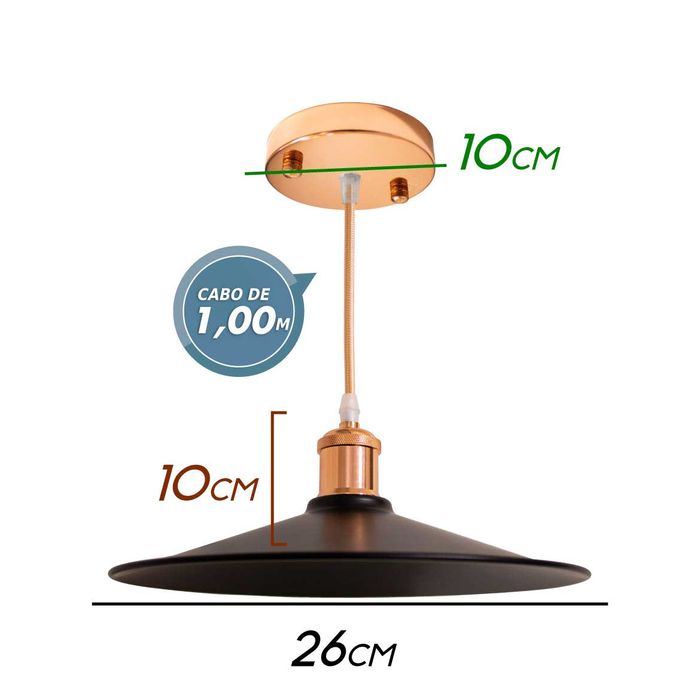 Pendente Chapéu Chinês Metal Cúpula Preta 26cm E27 St1375-Rosé