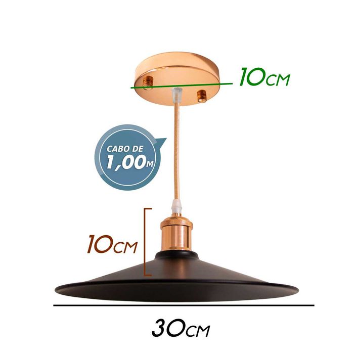 Pendente Chapéu Chinês Metal Cúpula Preta 30cm E27 St1376-Rosé