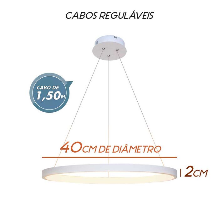 Lustre Pendente Anel LED 20W 1 Arco 40cm QPD1300-BR St459- Branco