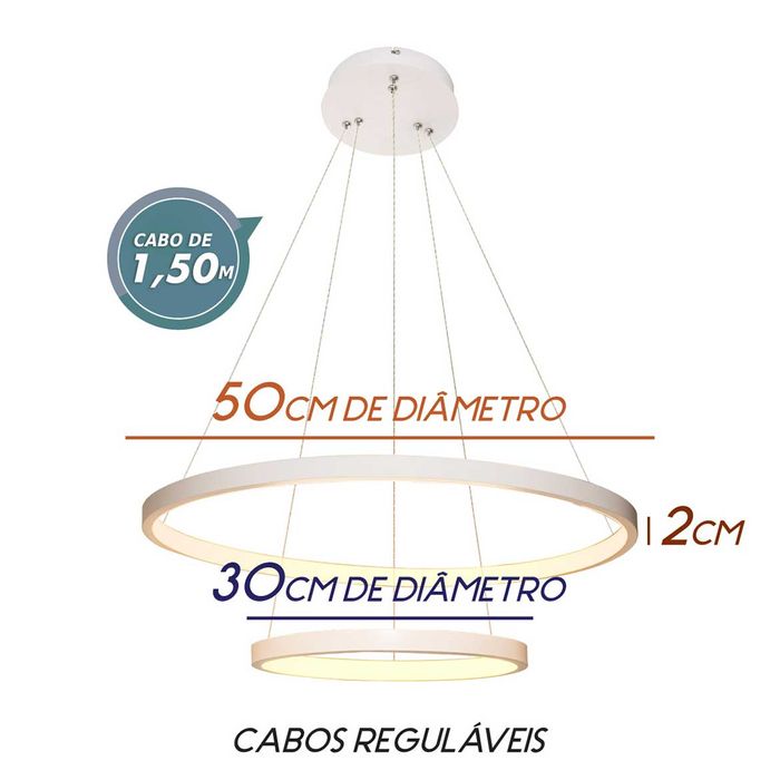 Lustre Pendente Anel LED 40W 2 Arcos 50cm QPD1301-BR St549 - Branco