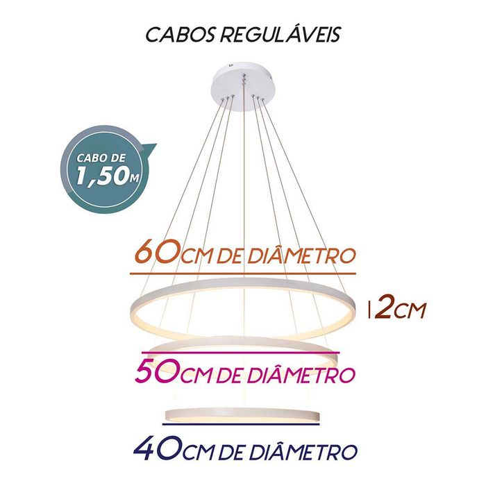 Lustre Pendente Anel LED 89W 3 Arcos 60cm QPD1303-BR St517 - Branco