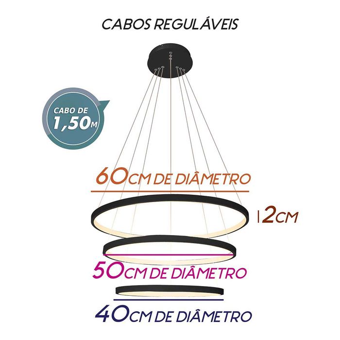 Lustre Pendente Anel LED 89W 3 Arcos 60cm QPD1303-PT St517 - Preto