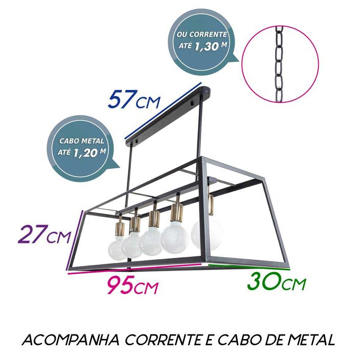 Pendente Retangular Preto Em Metal 5x E27 Starlux SB-12405 St1809