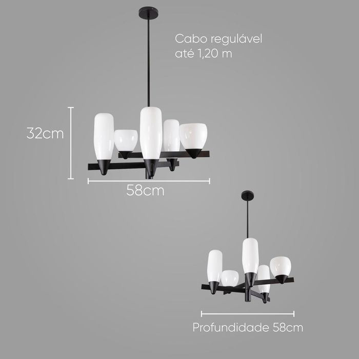 Pendente Akemi Preto Fosco VL001-BK 5 Cúpulas Vidro para G9 Starlux ST2551