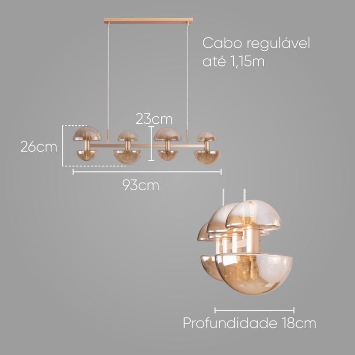 Pendente Artemis Ouro Fosco e Ambar Vidro VL002-AB 93cm para 8 G9 Starlux ST2541