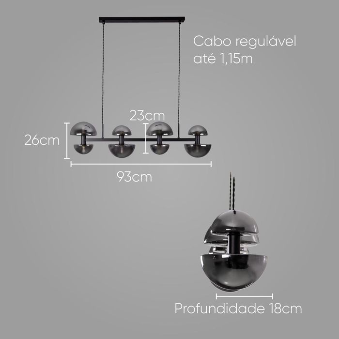 Pendente Artemis Preto Fosco e Smoky Vidro VL002-SKY 93cm para 8 G9 Starlux ST2541