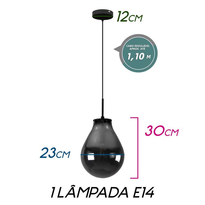 Pendente Amora Preto Globo de Vidro Smoky Starlux E14 ZR020-S-SMK ST1722