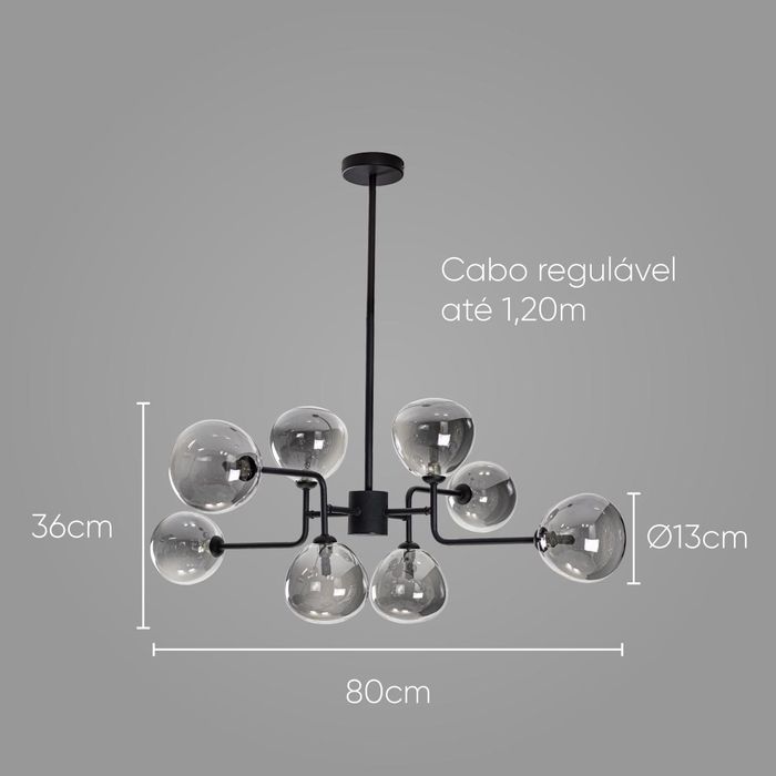 Pendente Amarilis Preto Fosco e Smoky 80cm para 8x G9 ZR111 Starlux ST2625