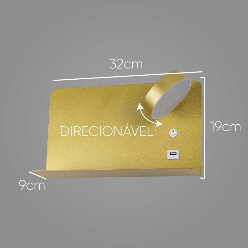 Arandela Aixa Dourada para Cabeceira com LED 8W e USB ZR123GD Starlux ST2491