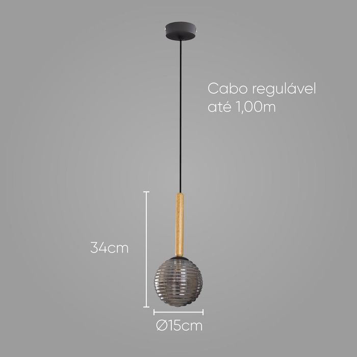 Pendente Eloa Madeira Preto Globo Vidro Smoky ZR136-SKY Starlux ST2603